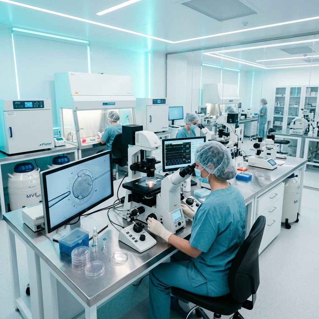 Embryologist working at a micromanipulation station inside the Class-100 cleanroom laboratory